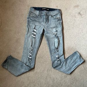 Express Ice Grey Distressed Super Skinny Midrise  Jeans